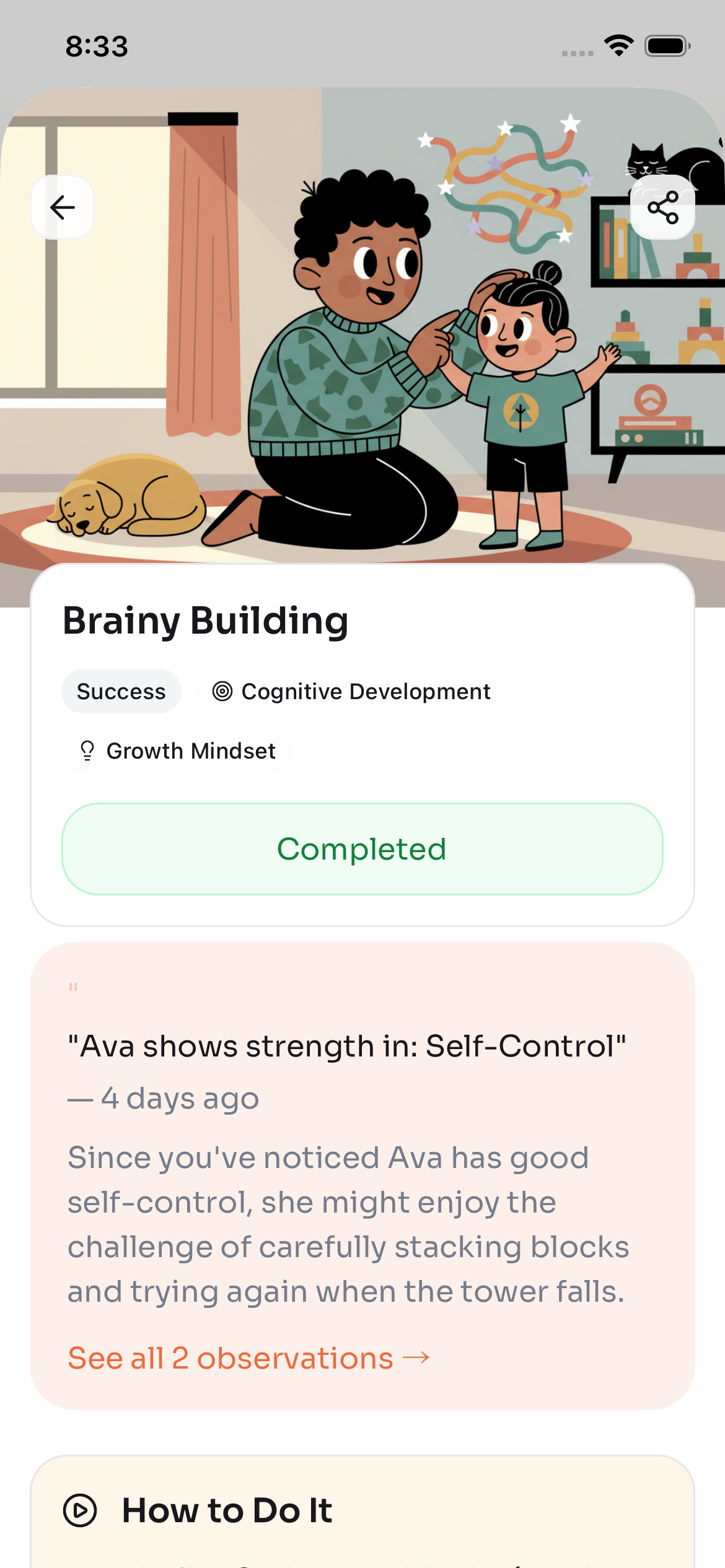 Steadily app showing a personalized activity with illustration and step-by-step instructions