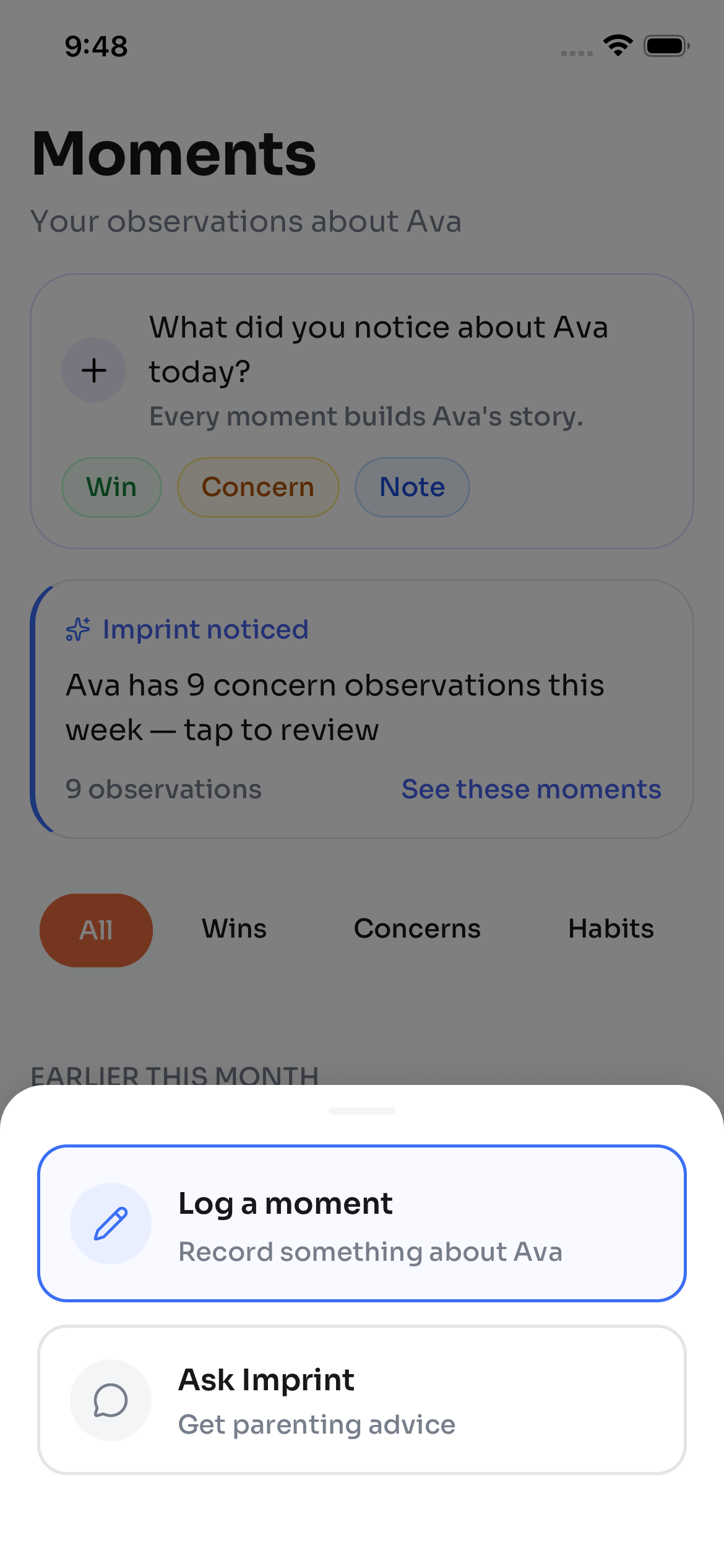 Steadily app Moments tab showing voice memory capture and timeline
