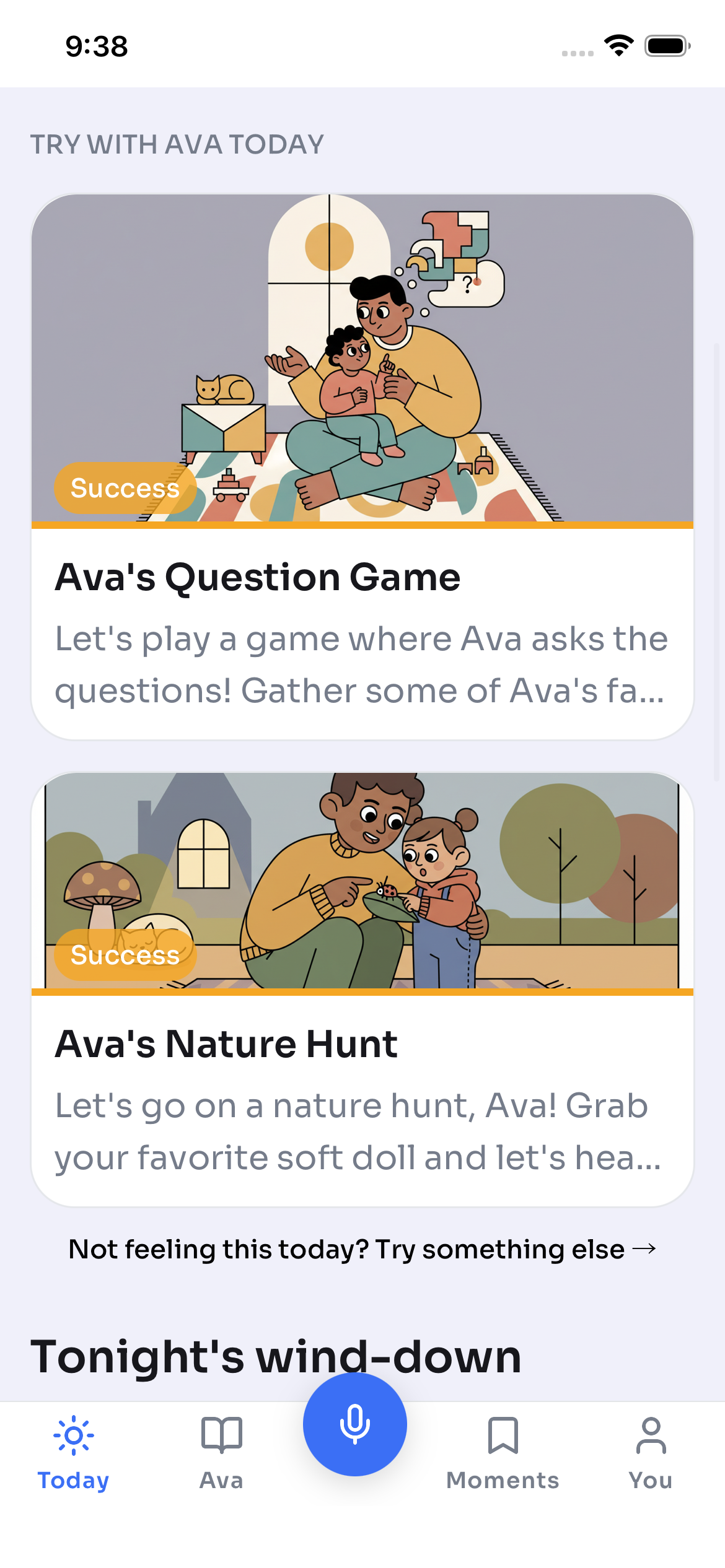 Steadily app showing personalized daily activities like Question Game and Nature Hunt