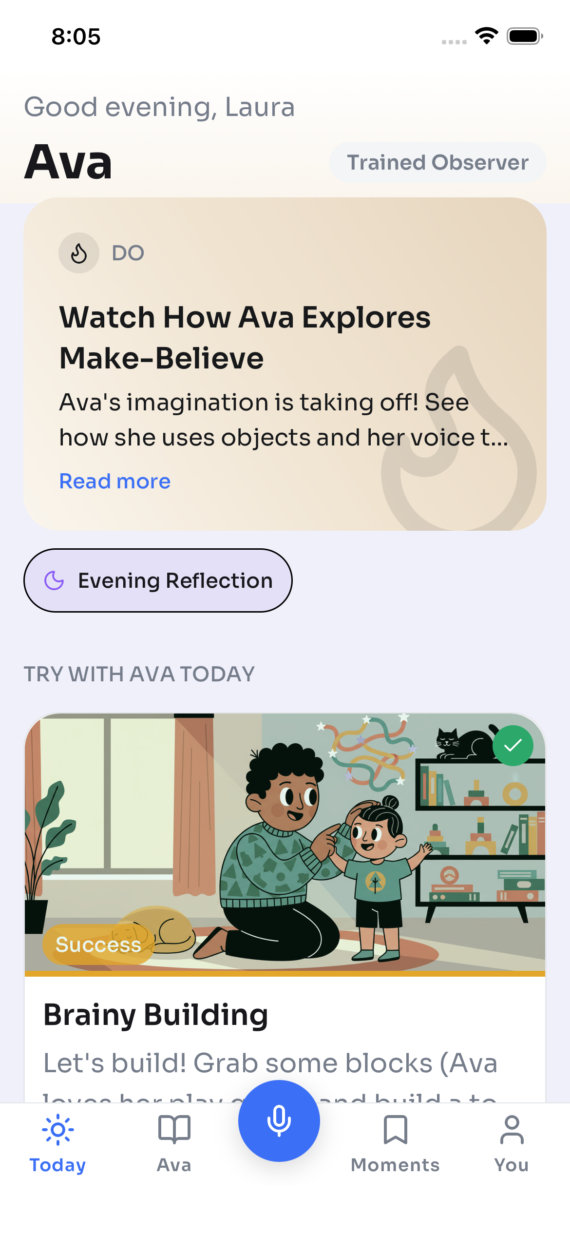 Steadily app showing personalized daily activities for your child — greeting, chapter identity, illustrated activity cards, and voice capture
