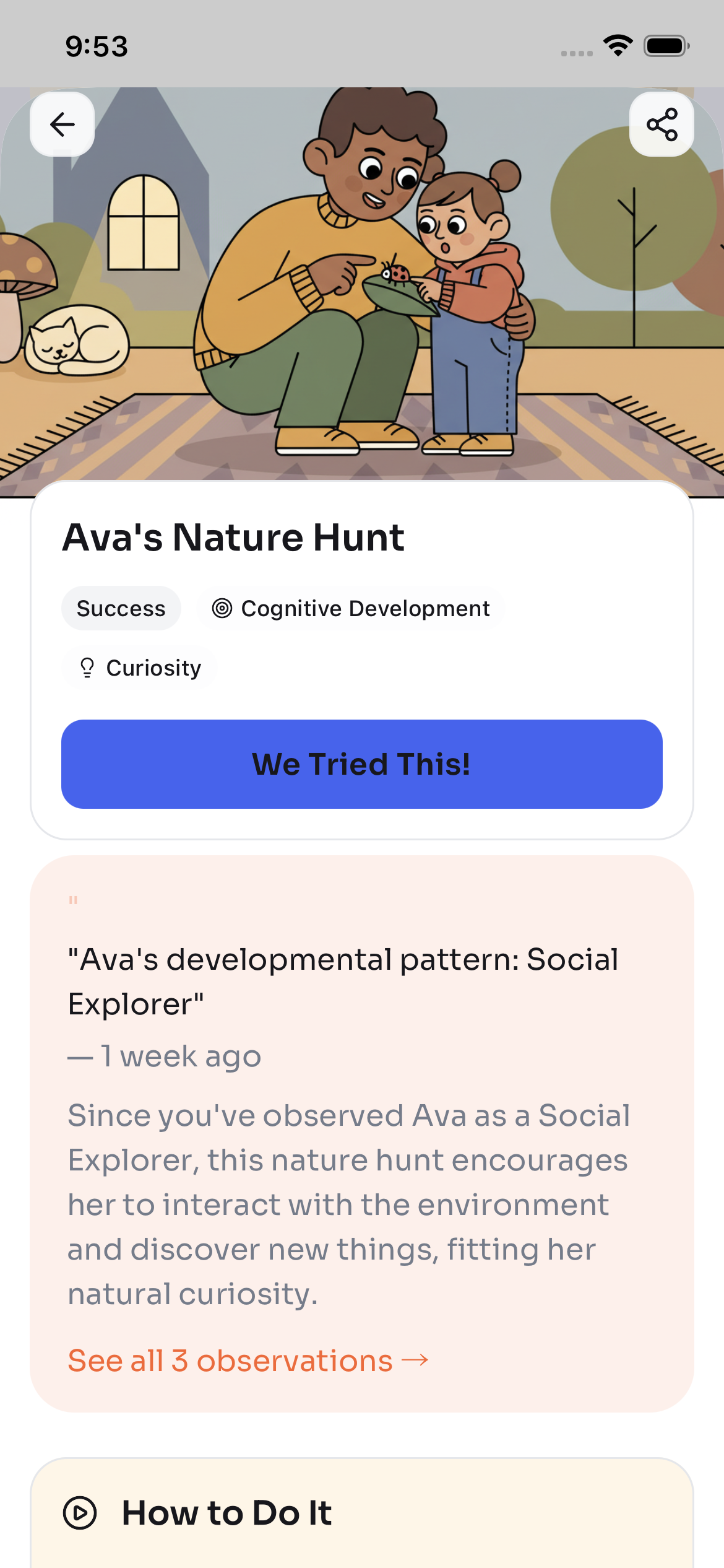 Steadily app showing evening wind-down activities and weekly trait focus on Resilience