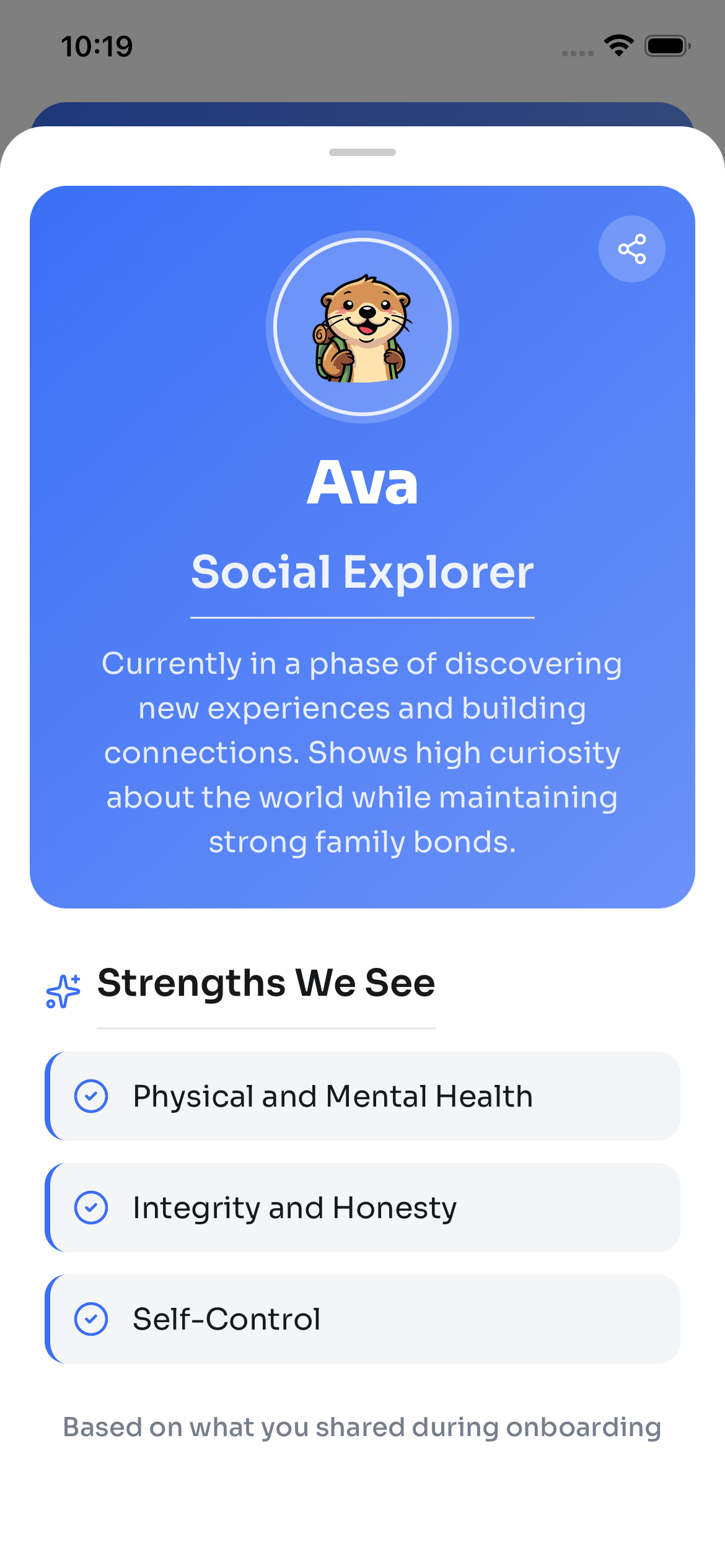 Steadily app showing your child's growth chapter reveal — archetype, strengths, and personality profile